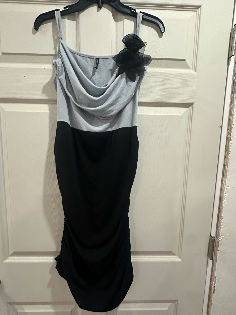 AVEDA Black and Light Gray Cowl Neck Midi Dress with Floral Accent